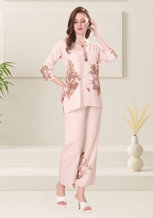 Zoey Salmon Printed Rayon Co-ord Set