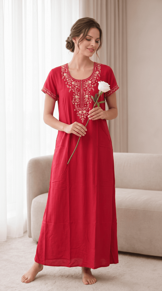 Aura Red Bloom Embroidered Nightgown