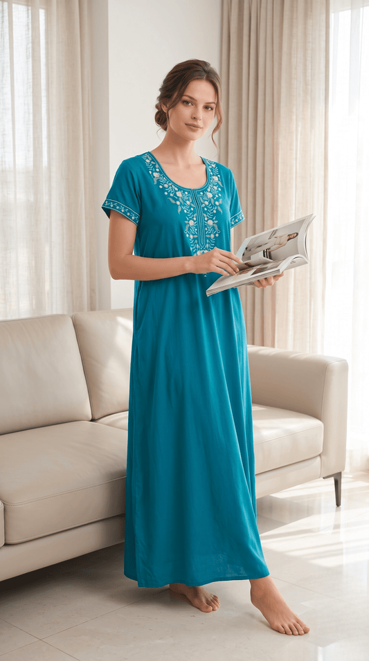 Aura Turquoise Blue Bloom Embroidered Nightgown