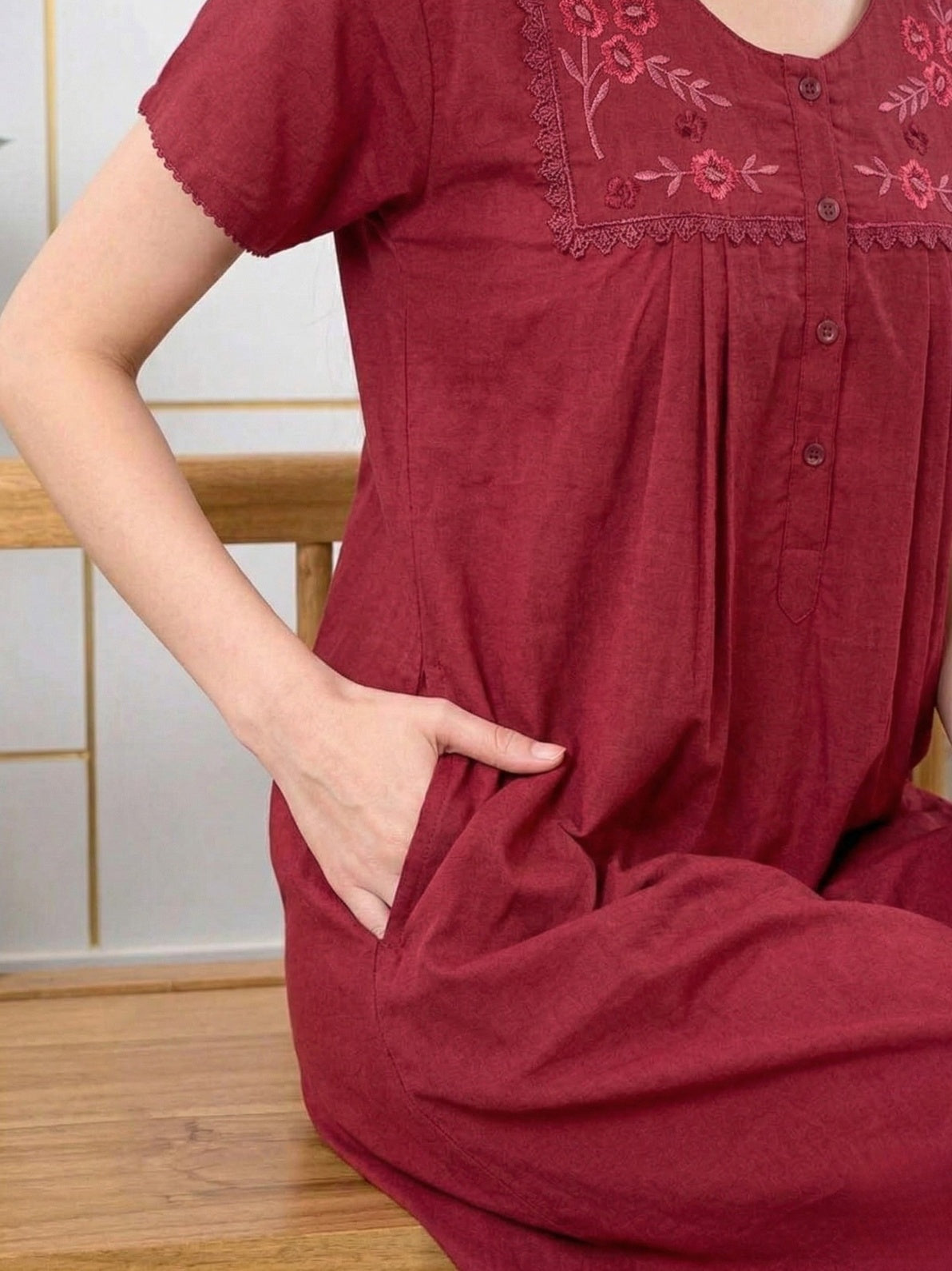 Lisa Rust Red Thread Embroidered Nightgown
