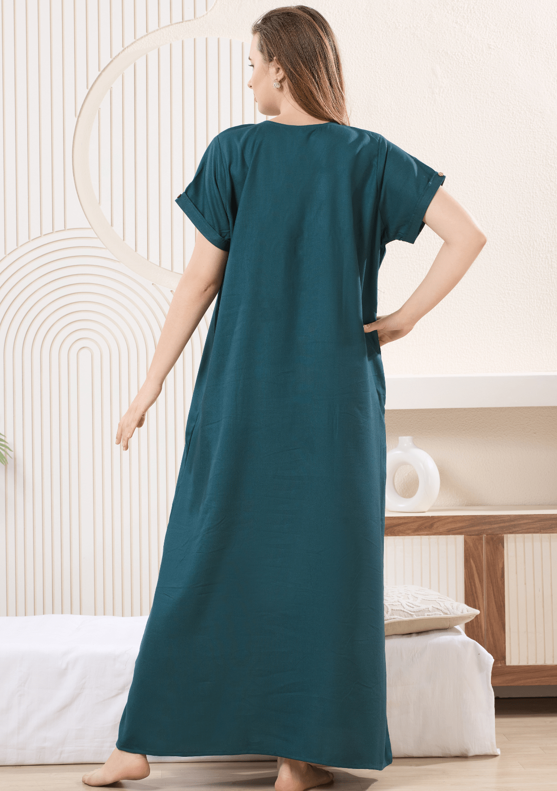 Myra Teal Blue Floral Embroidered Pocket Nightgown