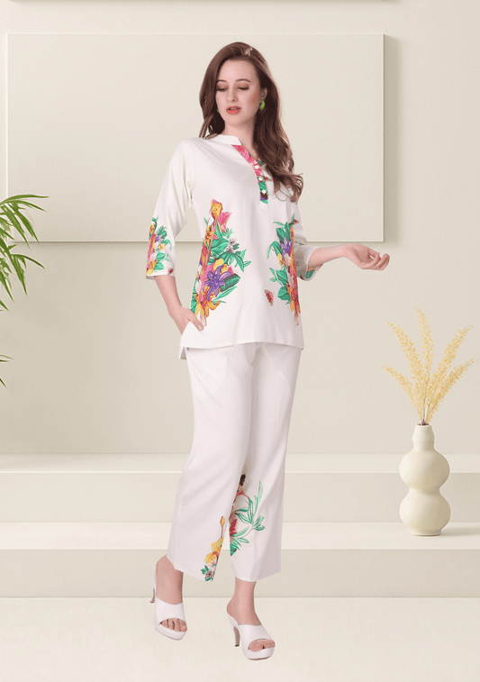 Zoey Ivory Printed Rayon Co-ord Set