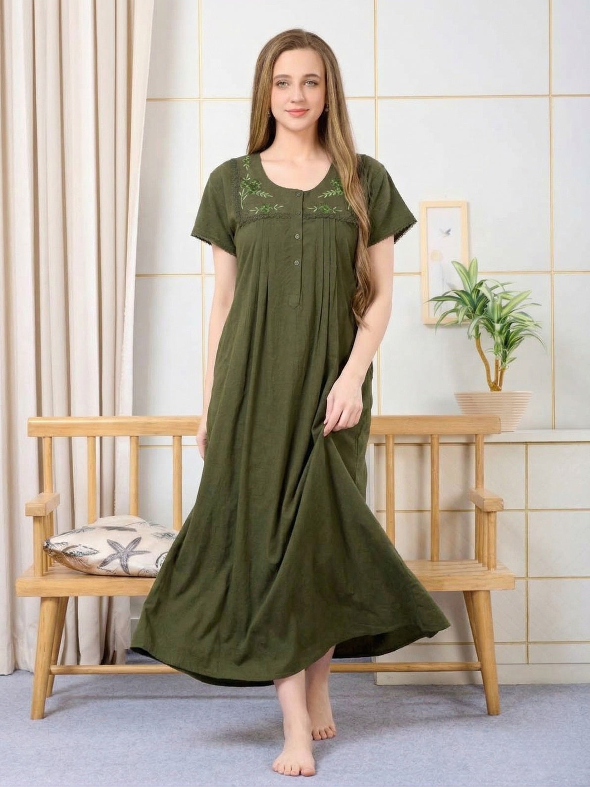 Lisa Olive Green Thread Embroidered Nightgown