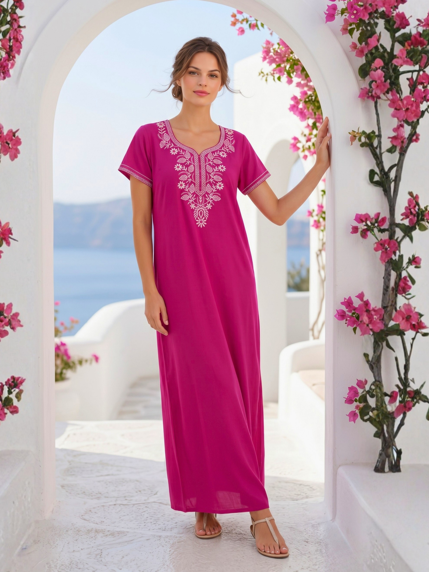 Zeva Fuchsia Pink Folk Embroidered Nightgown