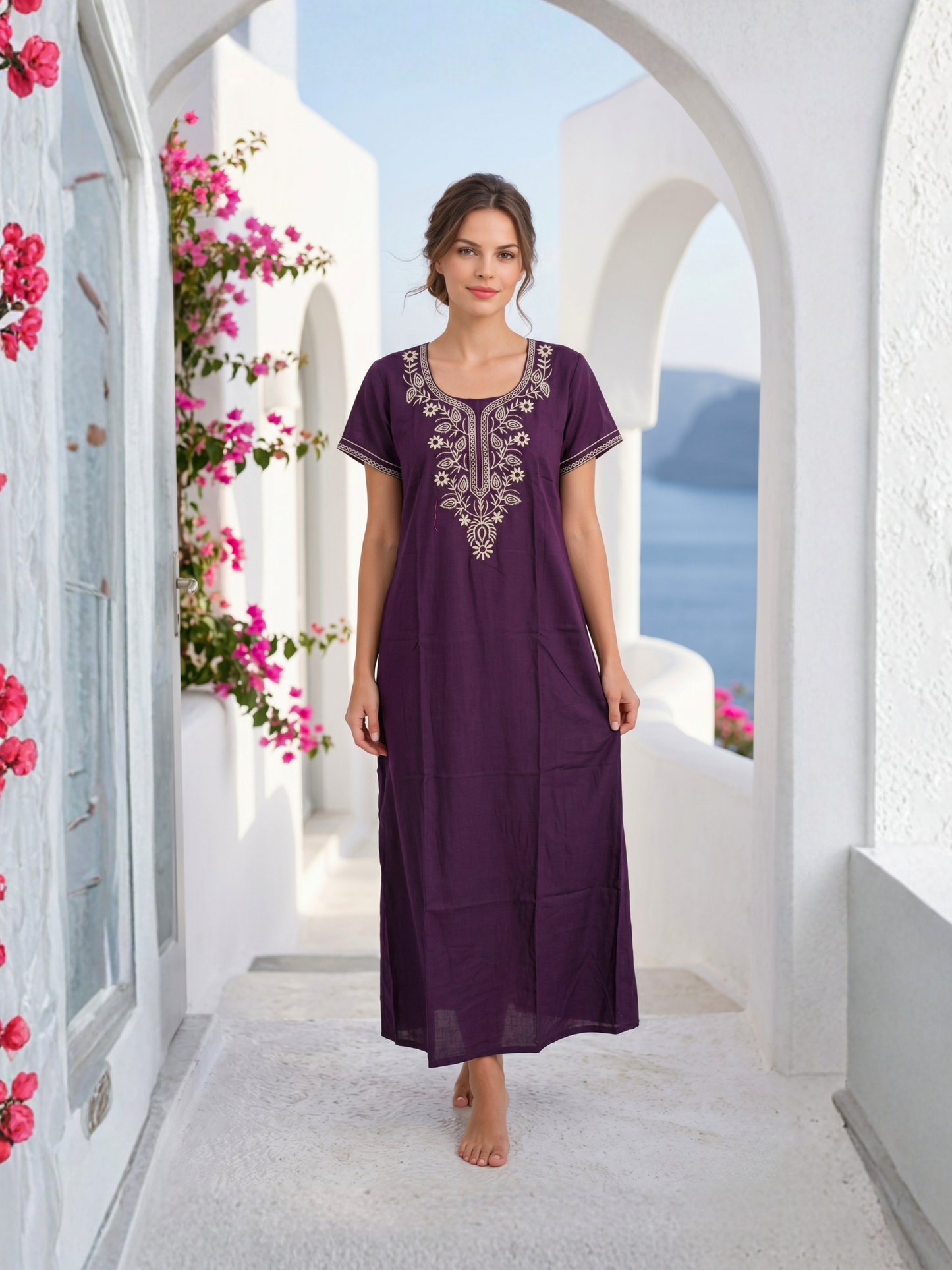 Zeva Purple Folk Embroidered Nightgown