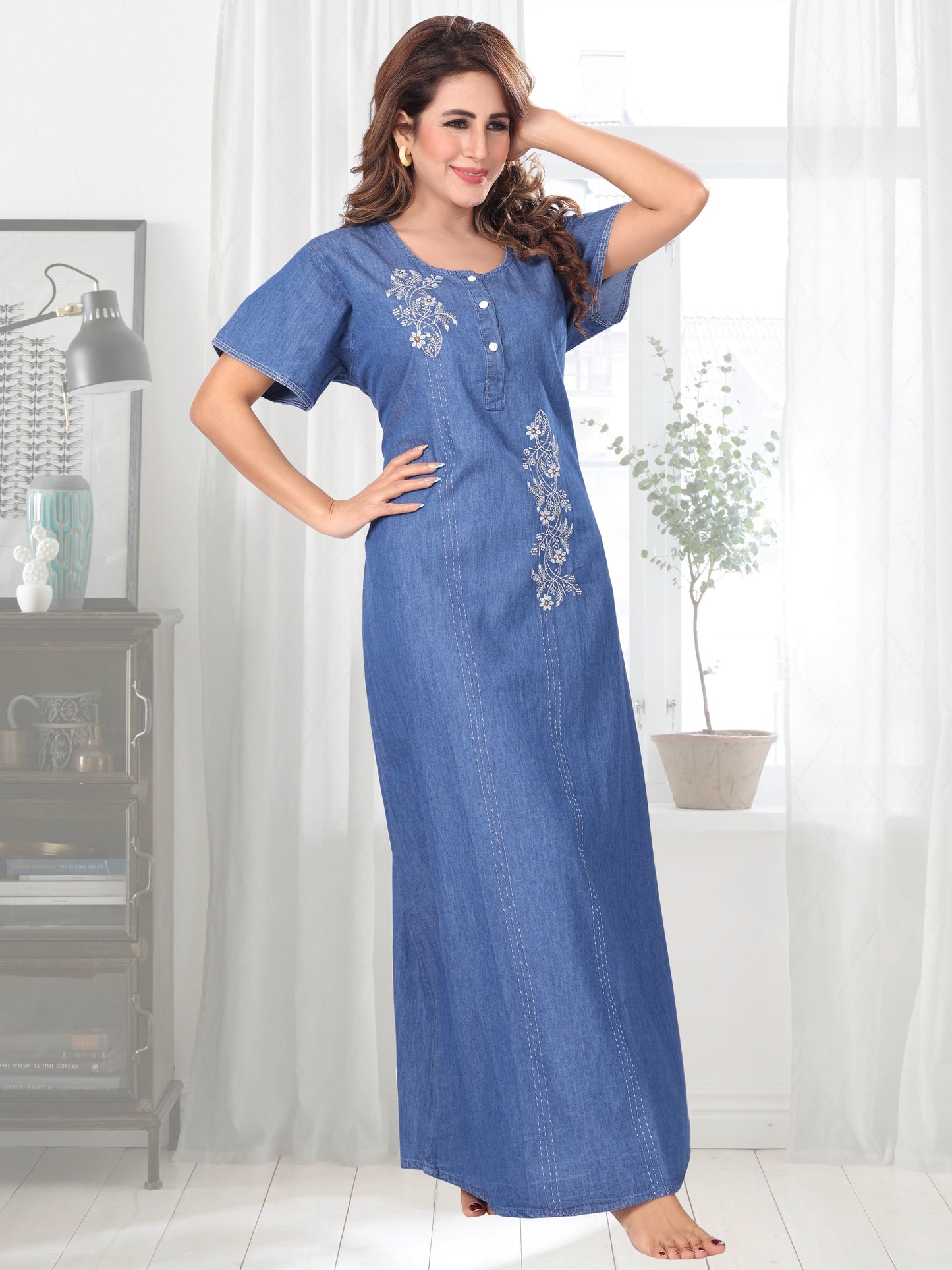 Emily Light Denim Embroidered Nightgown