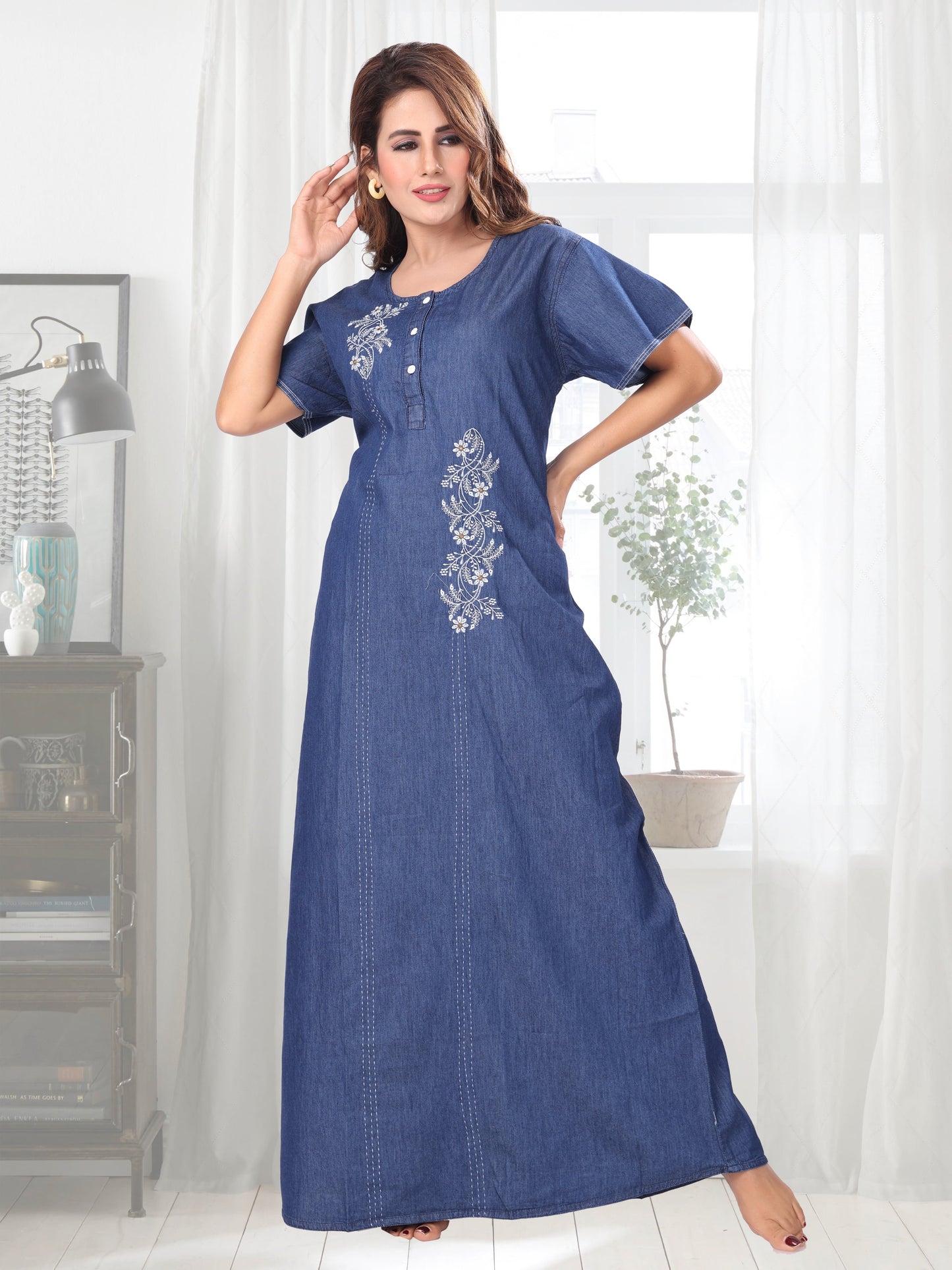 Emily Dark Denim Embroidered Nightgown