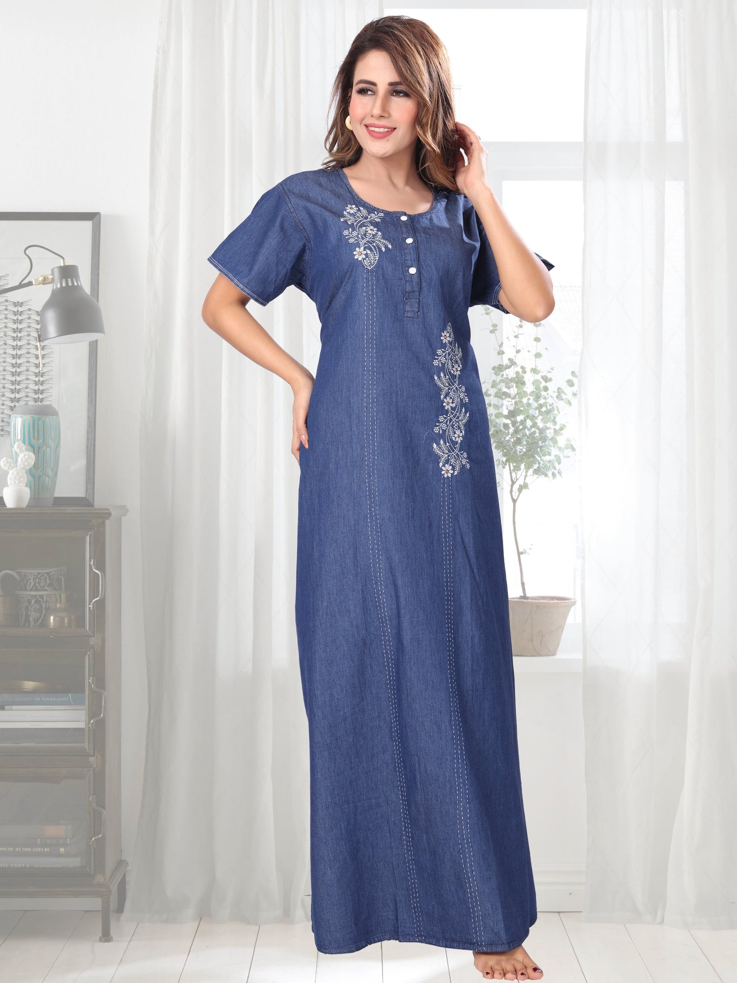 Emily Dark Denim Embroidered Nightgown