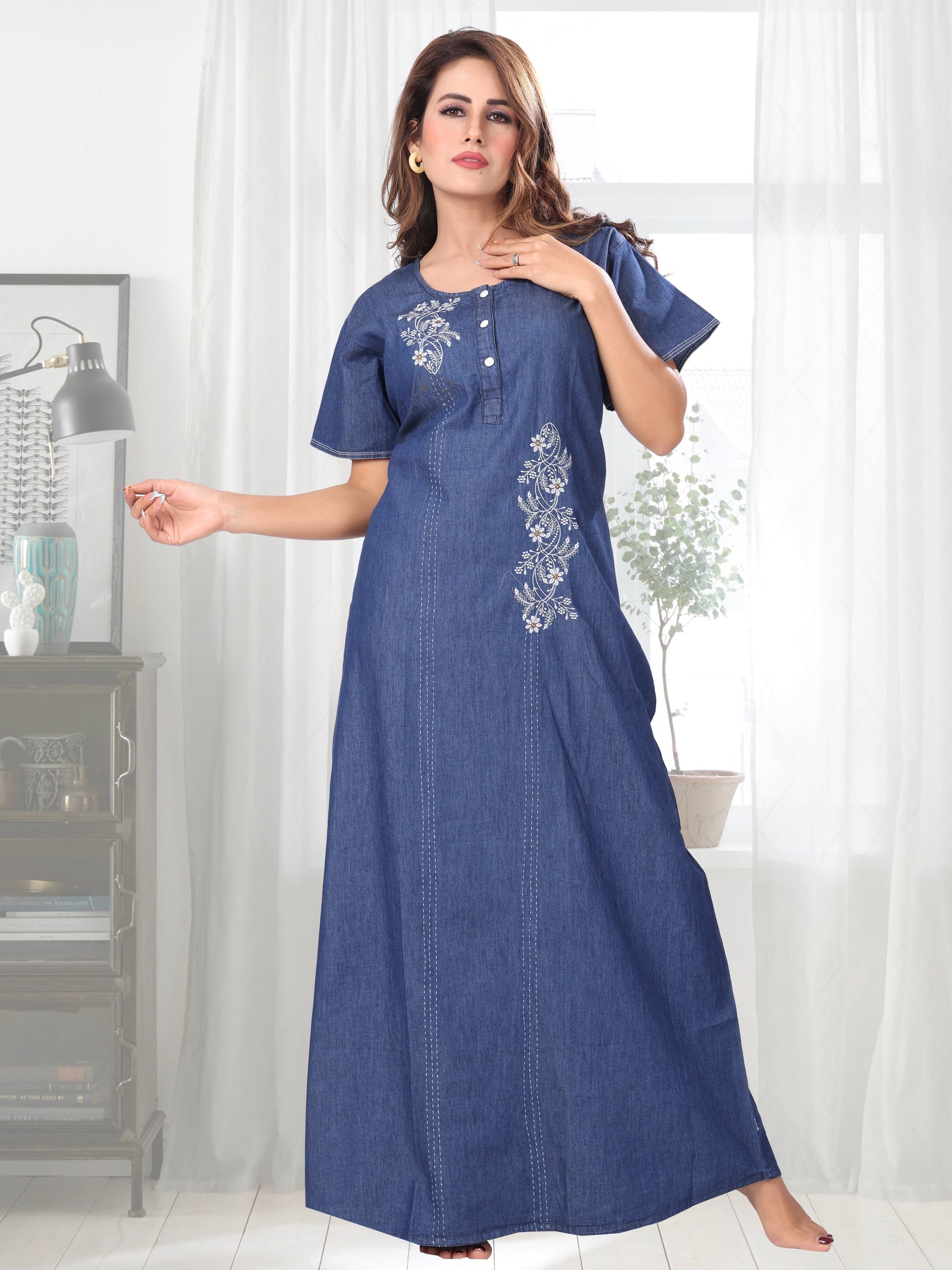 Emily Dark Denim Embroidered Nightgown