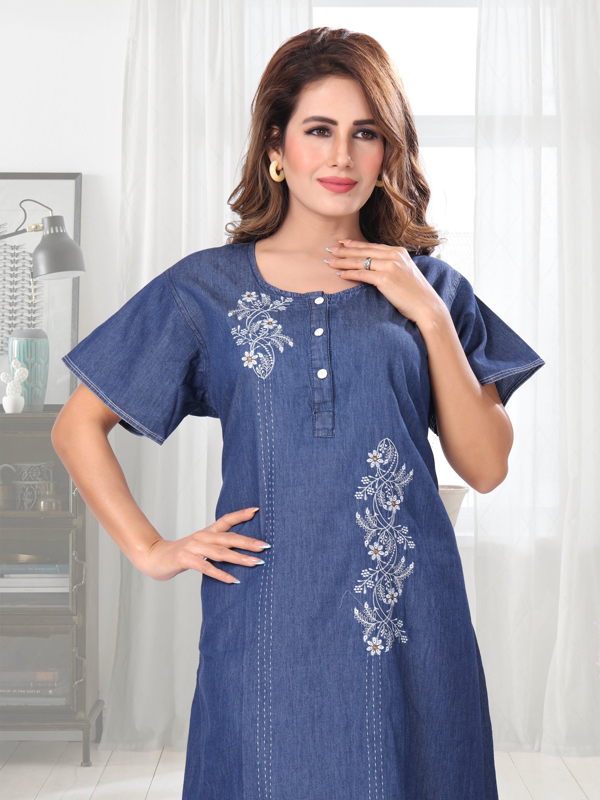 Emily Dark Denim Embroidered Nightgown