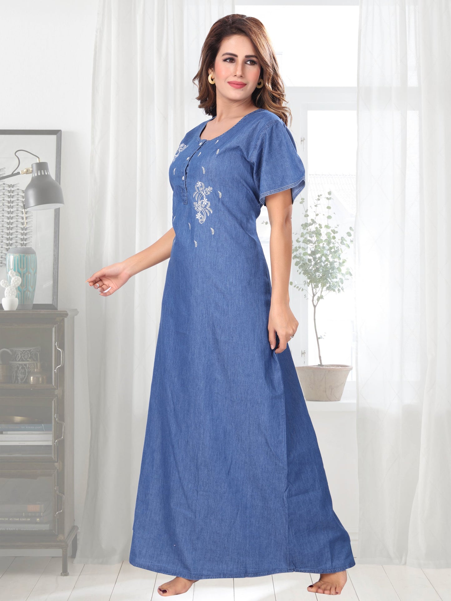 Elena Light Denim Embroidered Nightgown