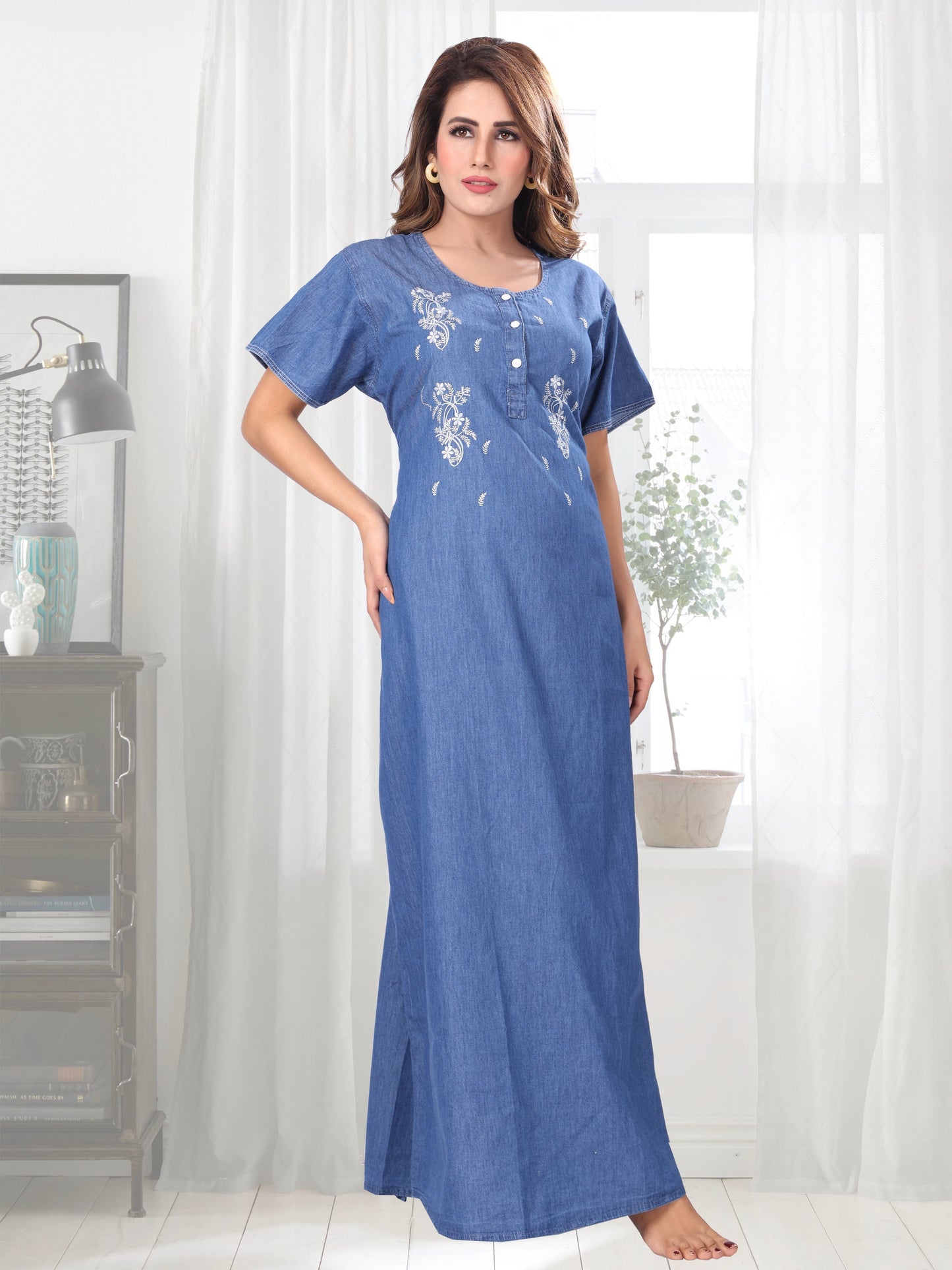 Elena Light Denim Embroidered Nightgown