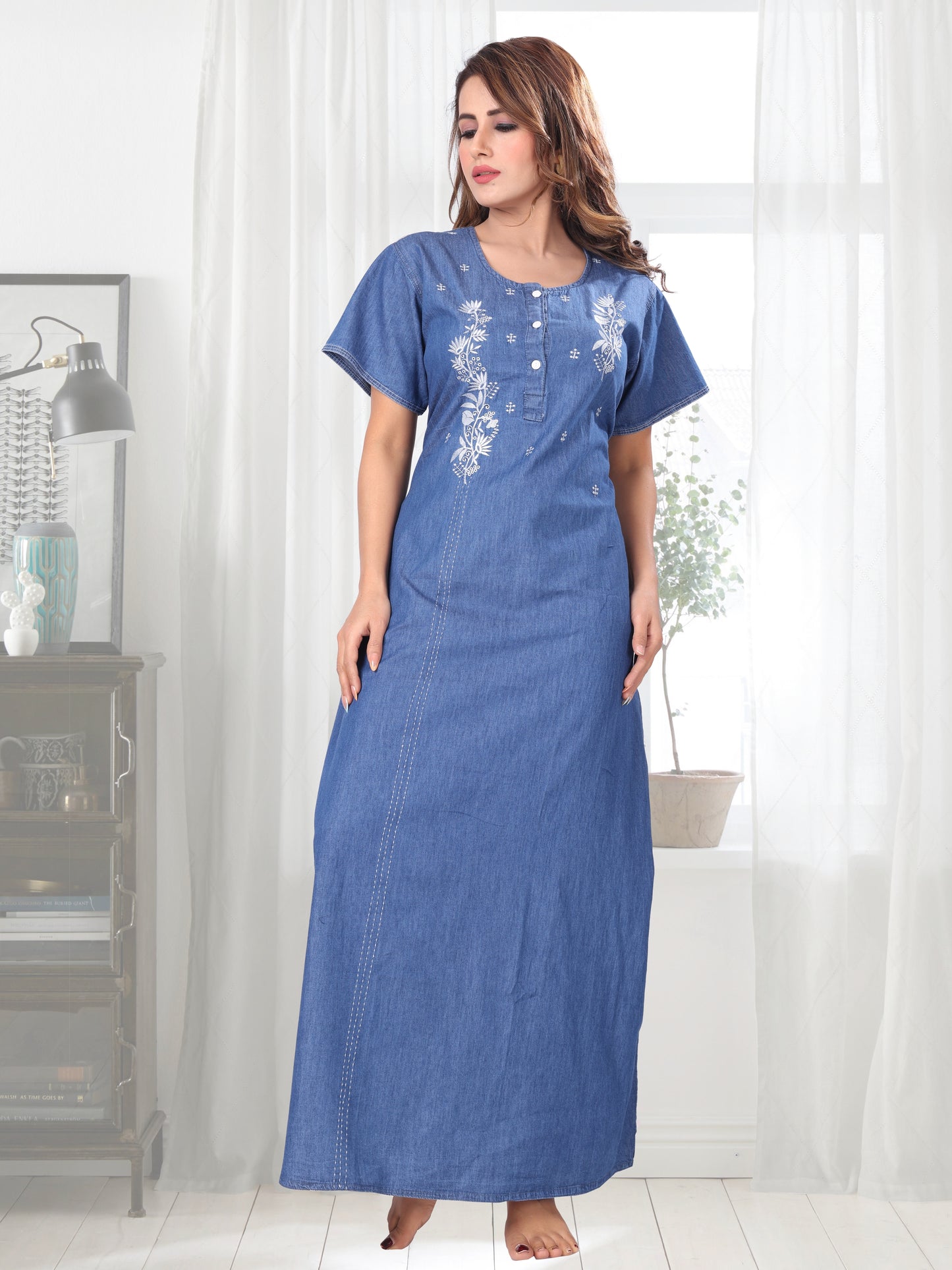 Olivia Light Denim Embroidered Nightgown