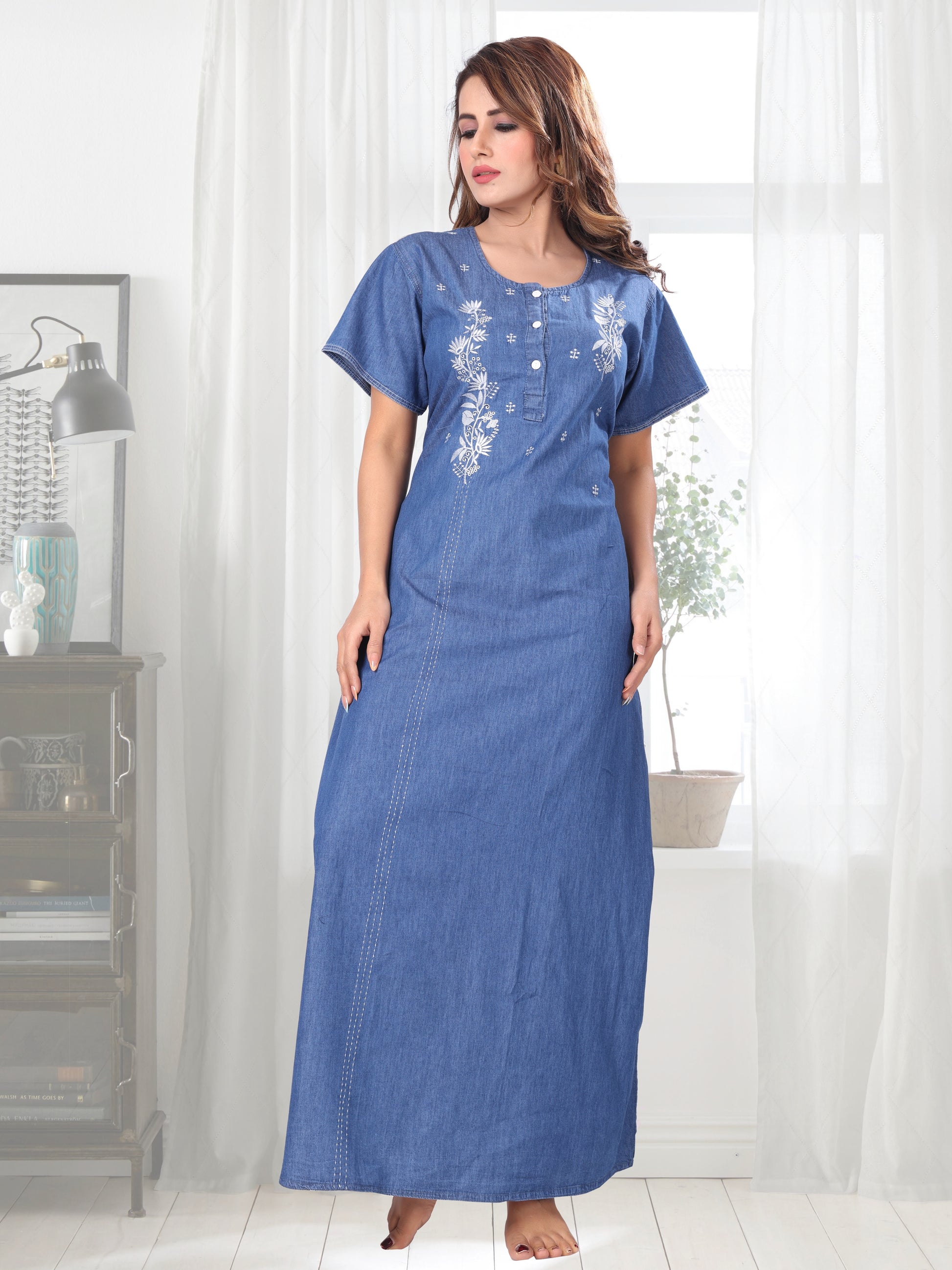 Olivia Light Denim Embroidered Nightgown