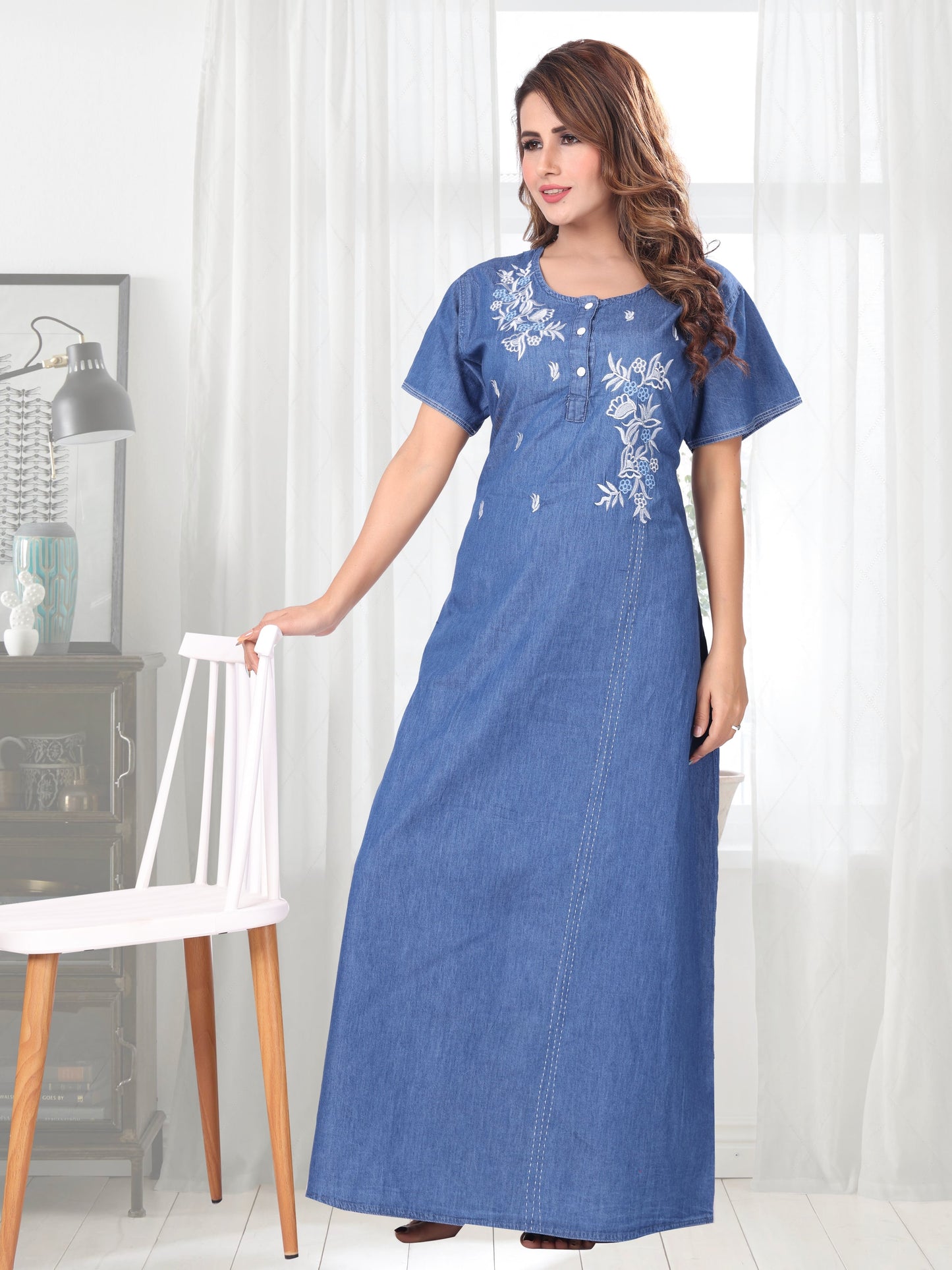 Mia Light Denim Embroidered Nightgown
