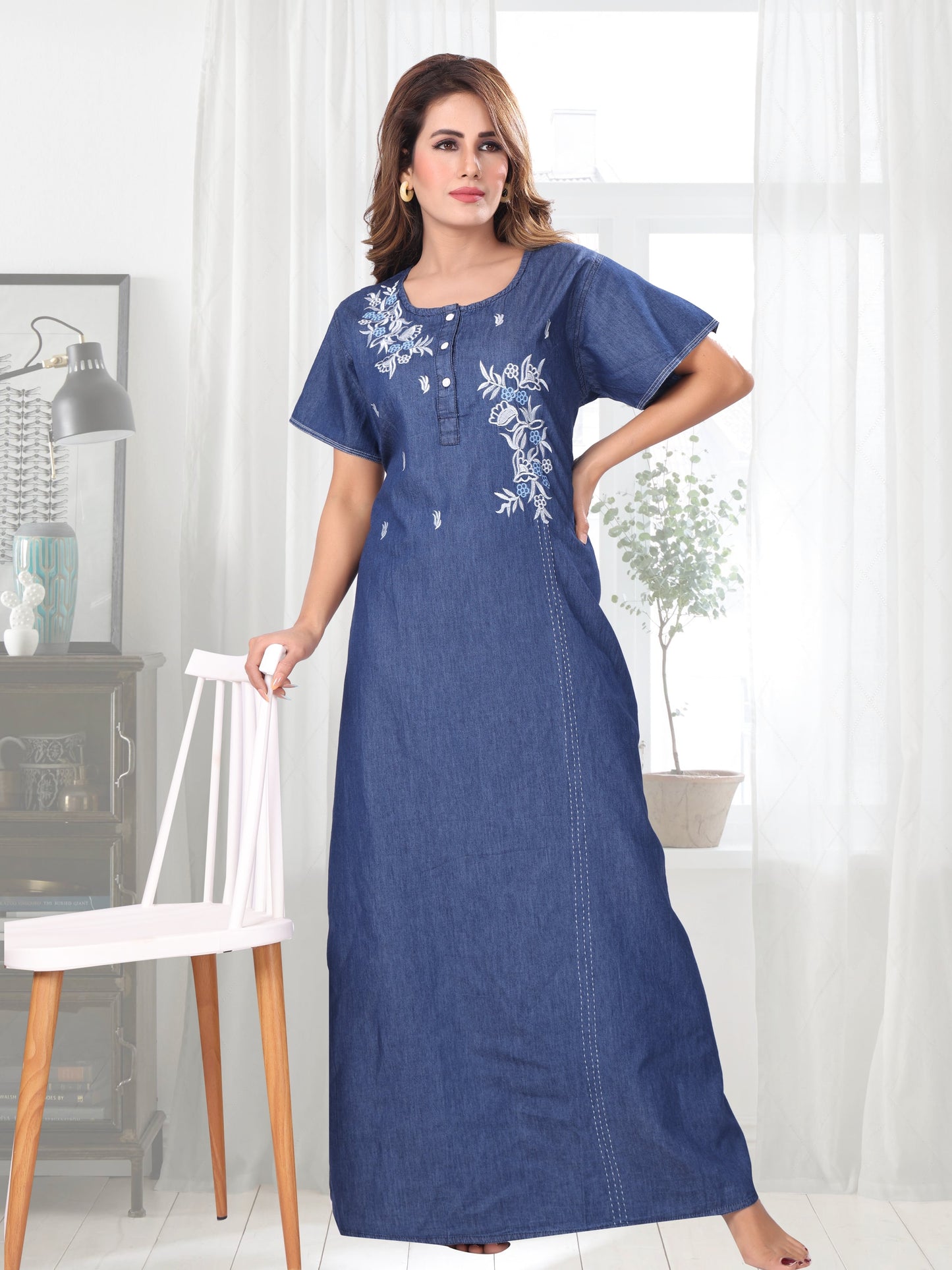 Mia Dark Denim Embroidered Nightgown