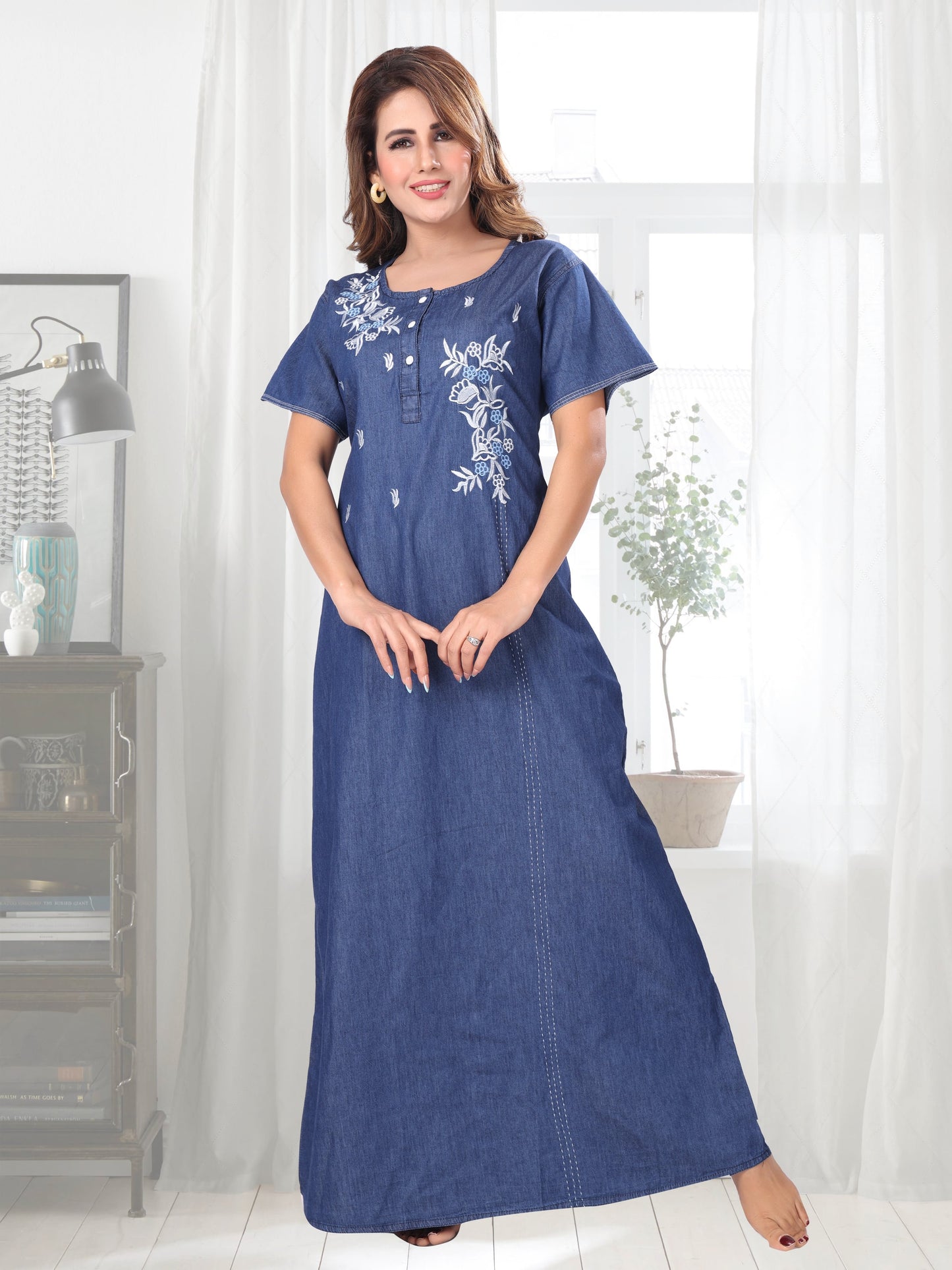 Mia Dark Denim Embroidered Nightgown