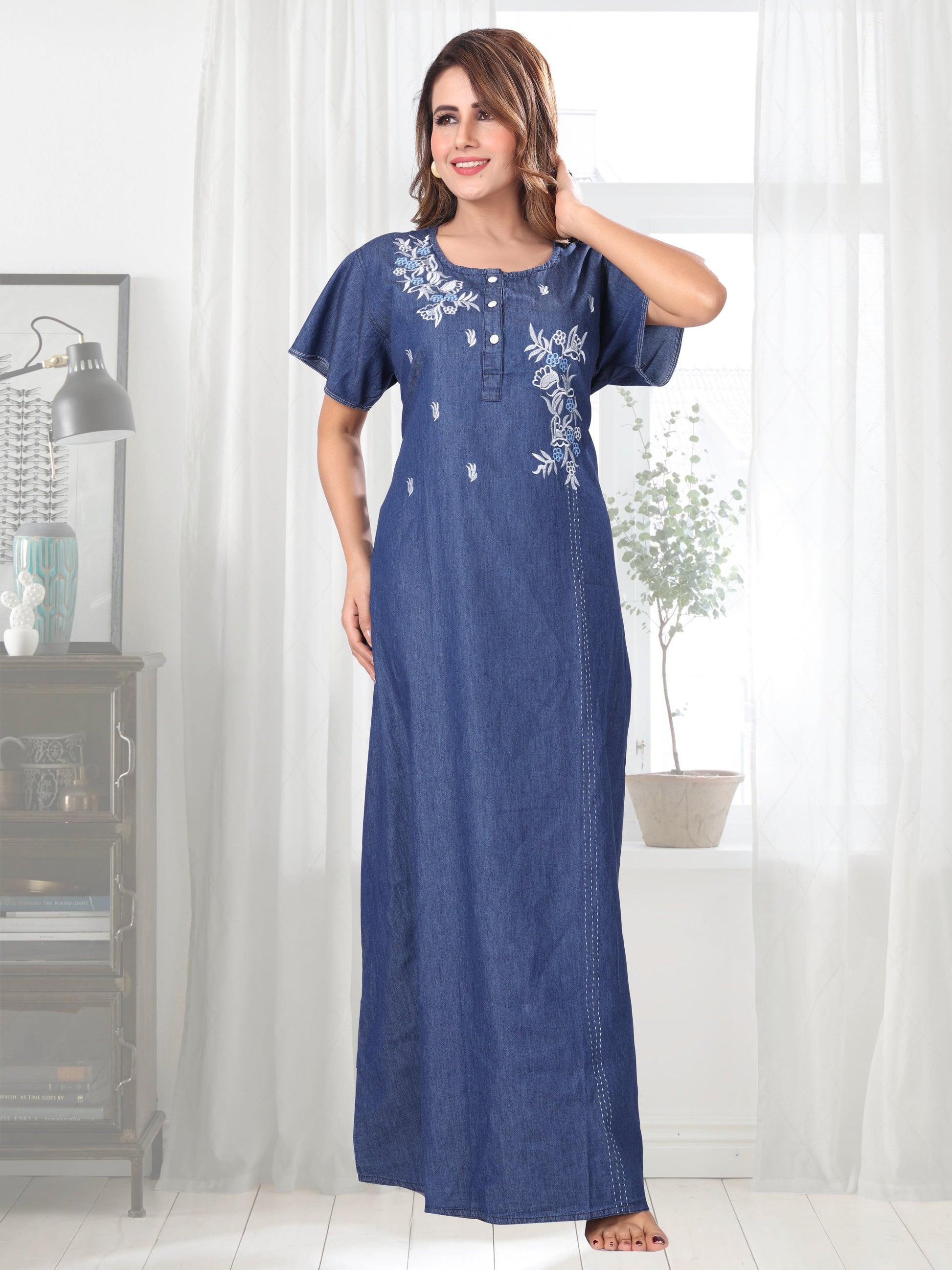 Mia Dark Denim Embroidered Nightgown