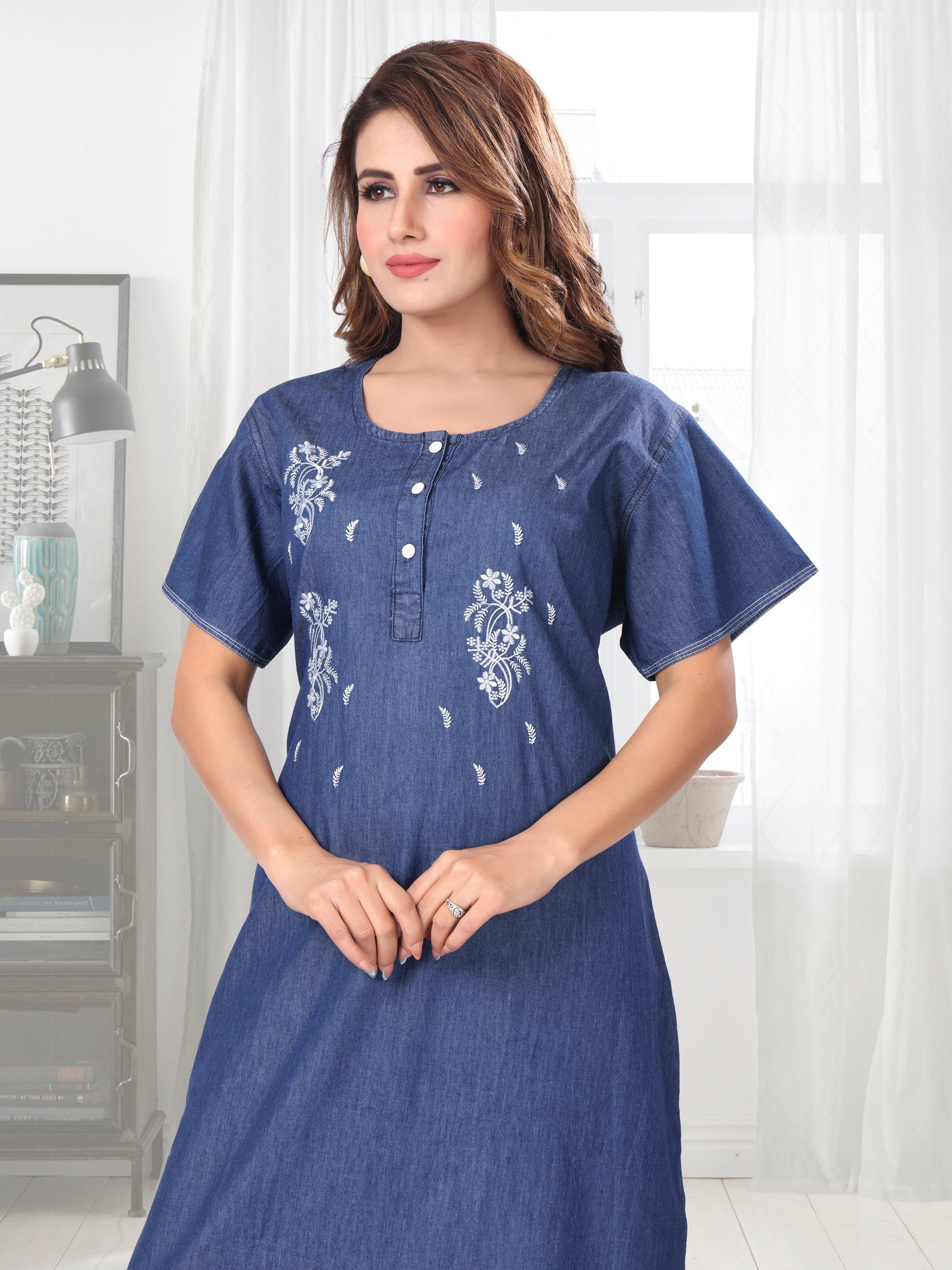 Elena Dark Denim Embroidered Nightgown