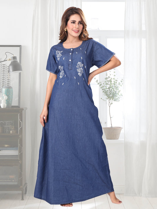 Elena Dark Denim Embroidered Nightgown