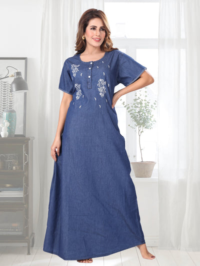 Elena Dark Denim Embroidered Nightgown