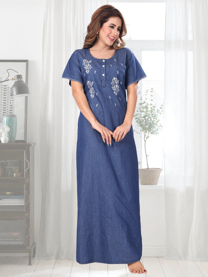 Elena Dark Denim Embroidered Nightgown