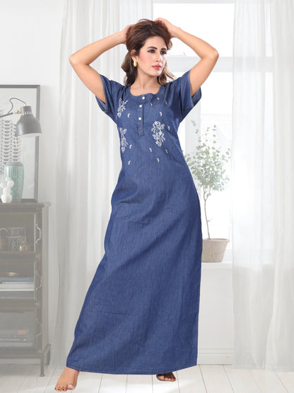 Elena Dark Denim Embroidered Nightgown