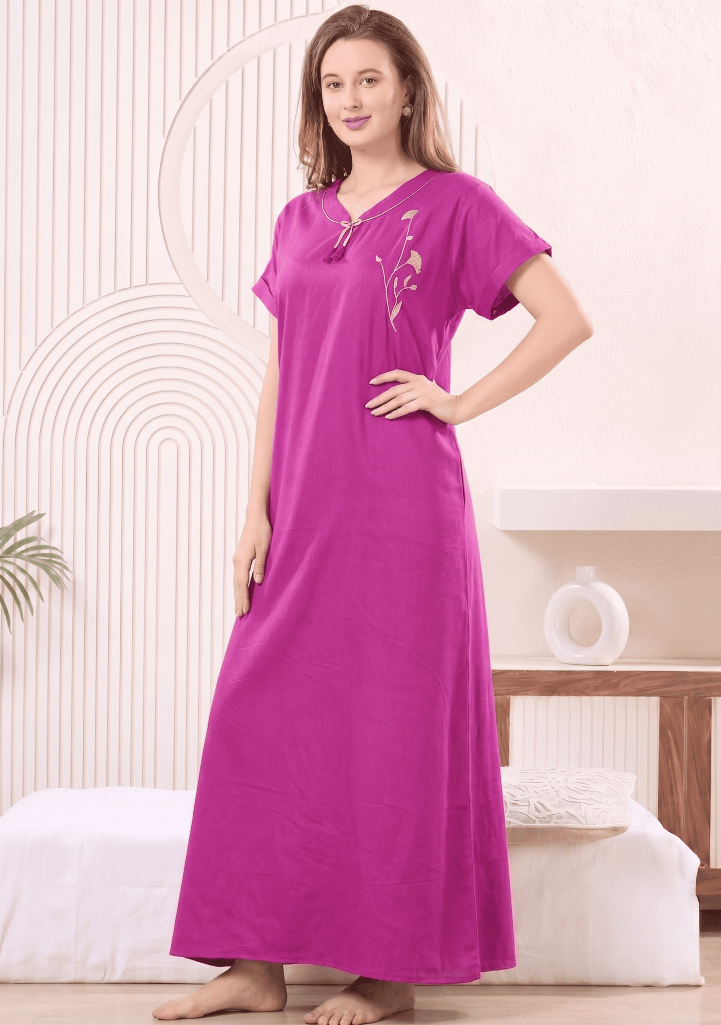 MIRA BERRY PINK EMBROIDERED NIGHTGOWN