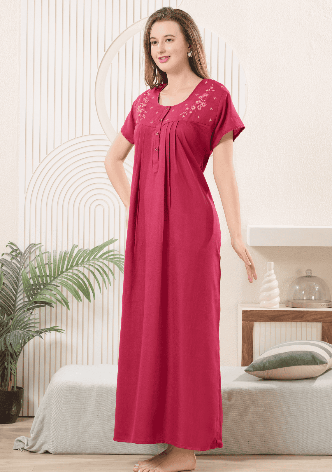 Anaya Berry Pink Floral Embroidered Nightgown