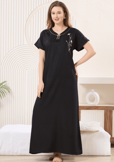 Myra Black Floral Tie-Neck Nightgown