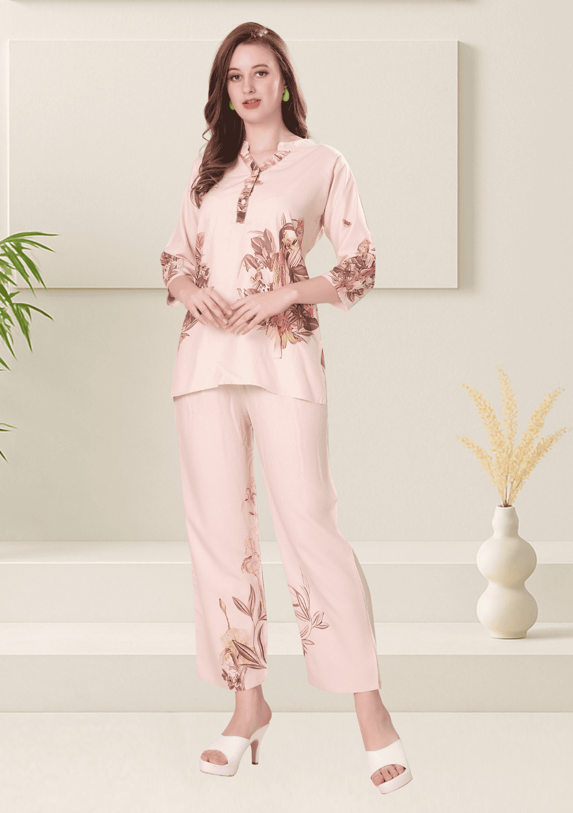 Zoey Salmon  Printed Rayon Co-ord Set