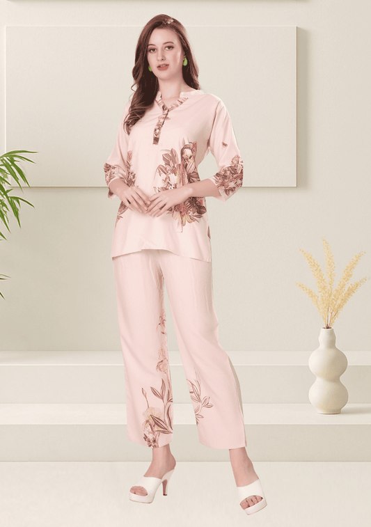 Zoey Salmon  Printed Rayon Co-ord Set