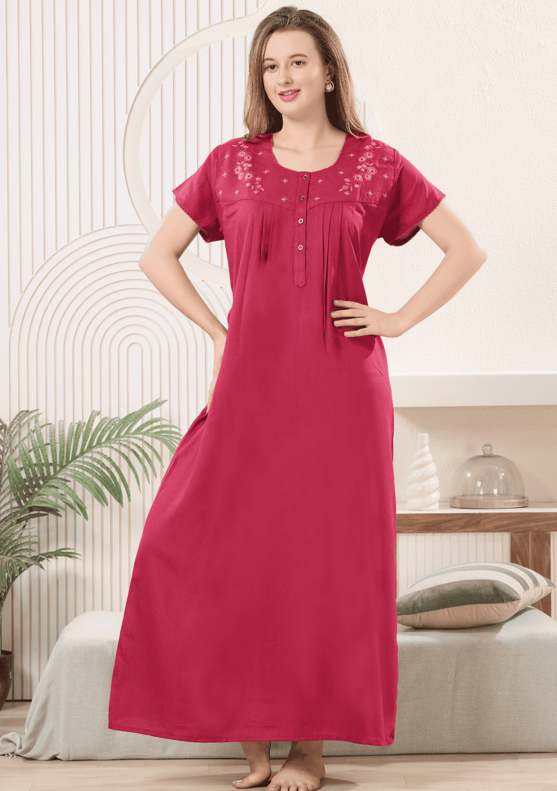 Anaya Berry Pink Floral Embroidered Nightgown
