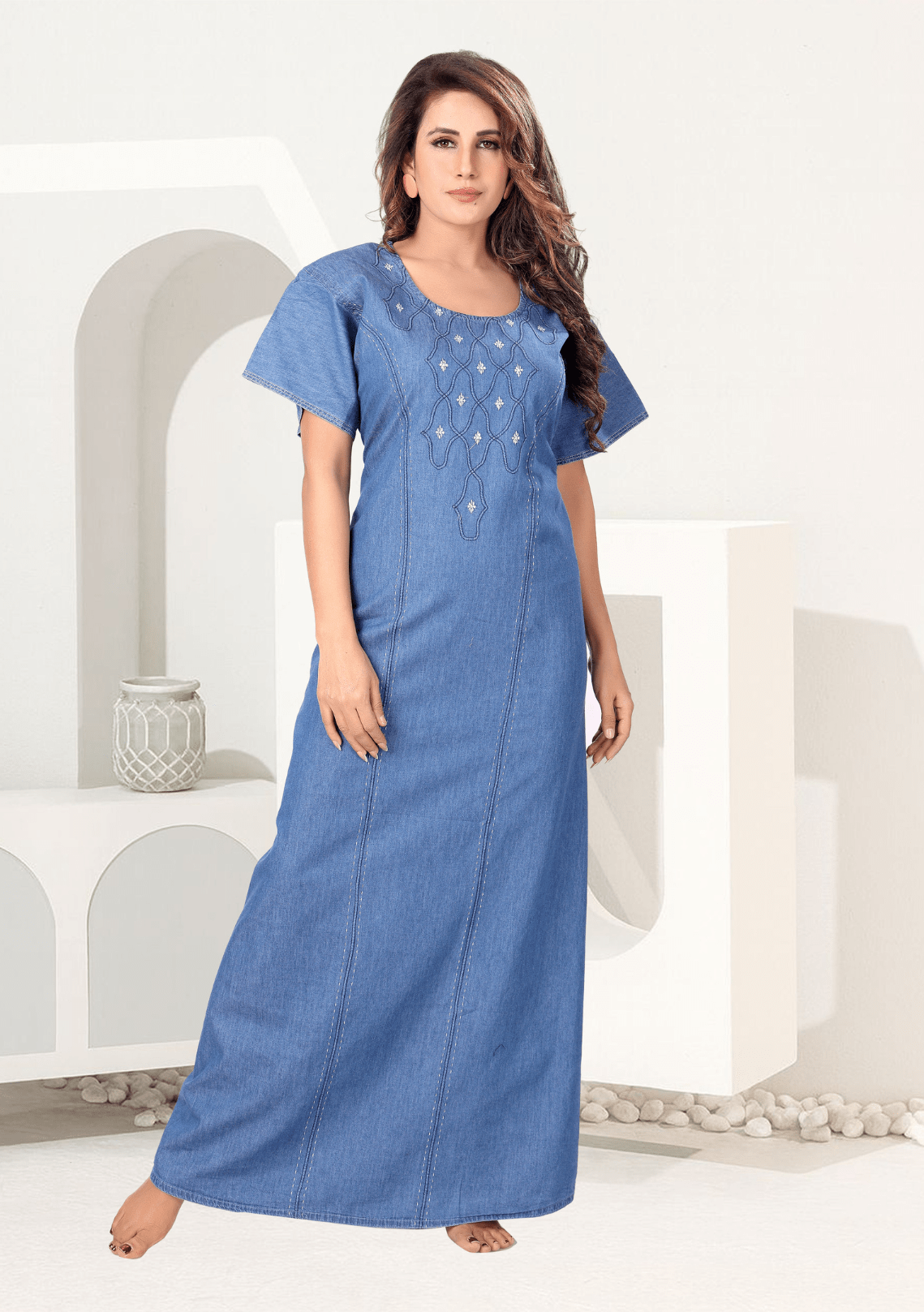  Bella Light Denim Embroidered Nightgown