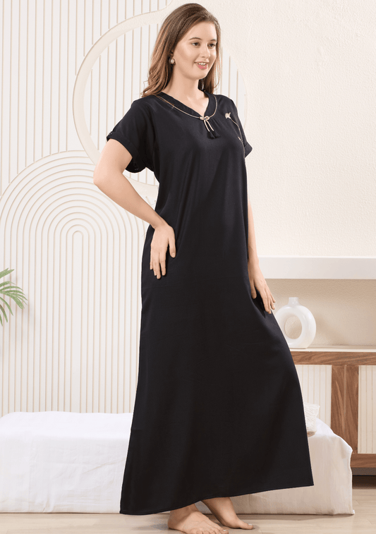Myra  Black Floral Tie-Neck Nightgown