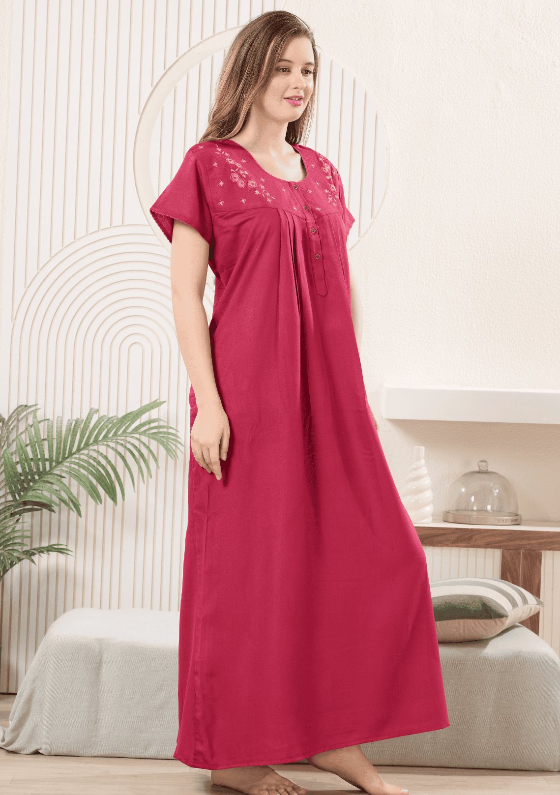 Anaya Berry Pink Floral Embroidered Nightgown