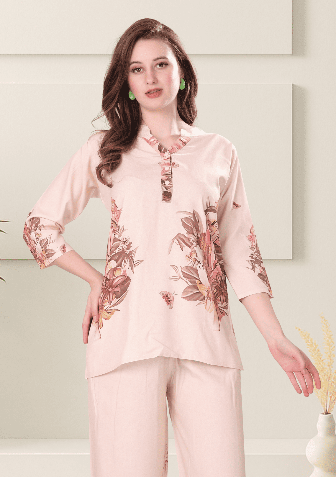 Zoey Salmon  Printed Rayon Co-ord Set