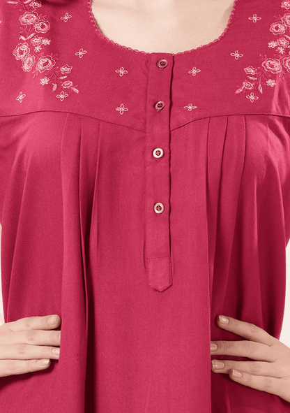Anaya Berry Pink Floral Embroidered Nightgown