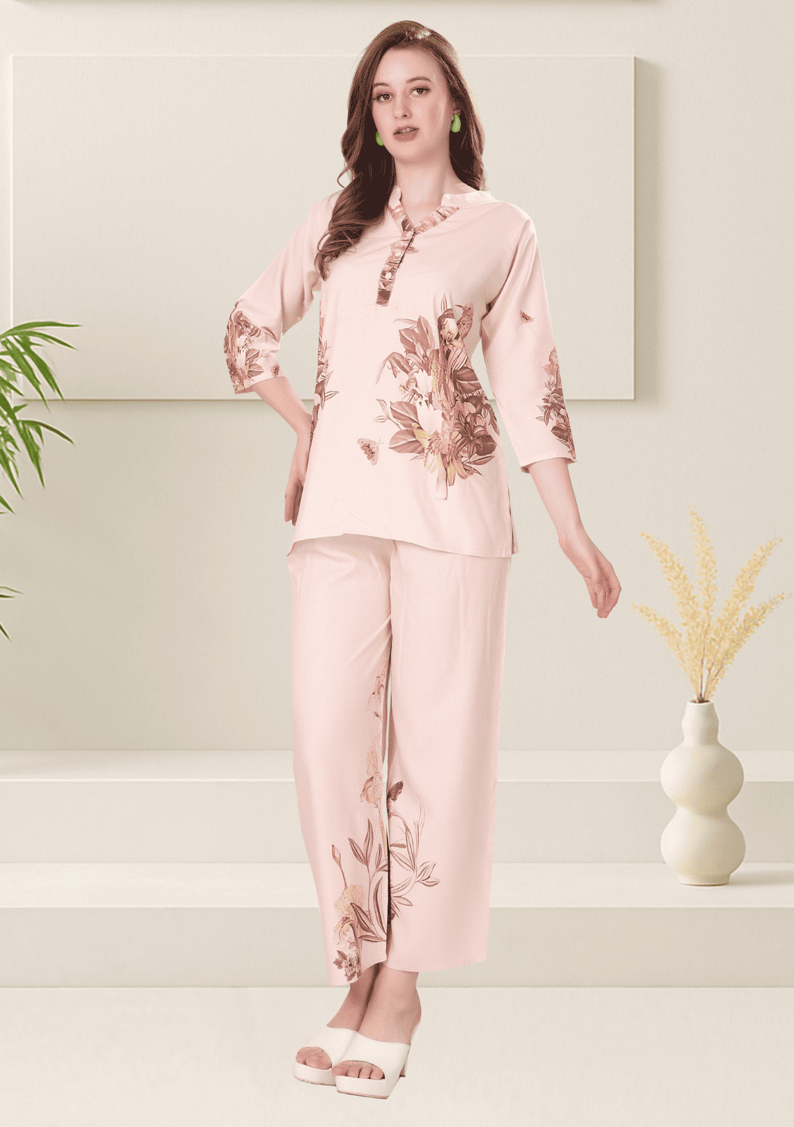 Zoey Salmon  Printed Rayon Co-ord Set