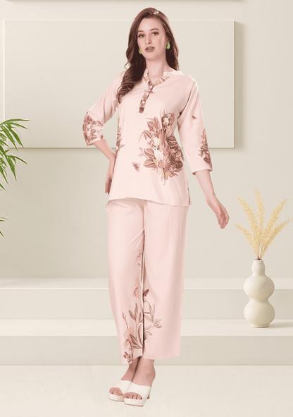 Zoey Salmon  Printed Rayon Co-ord Set
