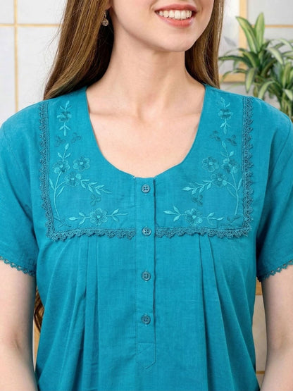 Lisa Teal Blue Thread Embroidered Nightgown
