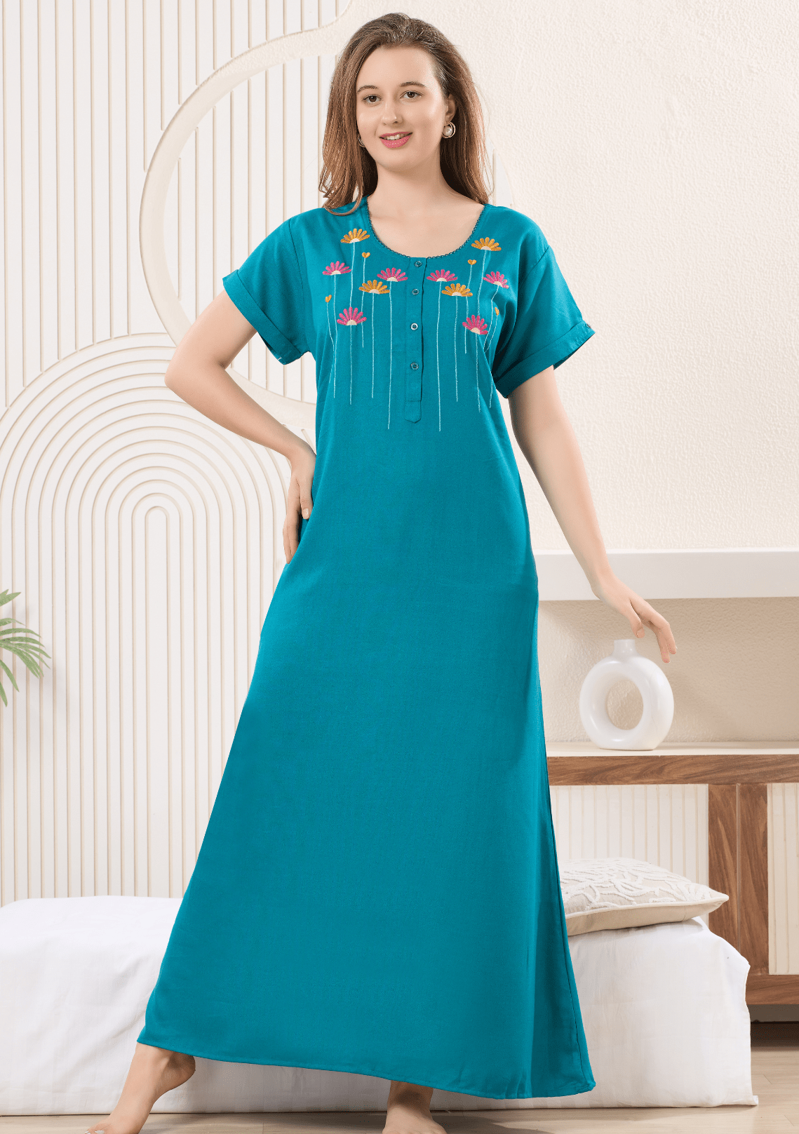 Lumi  Teal Aqua Floral Embroidered  Nightgown