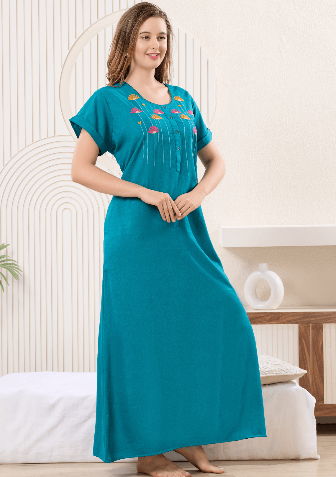 Lumi  Teal Aqua Floral Embroidered  Nightgown