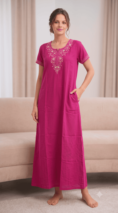 Aura Hot Pink Bloom Embroidered Nightgown