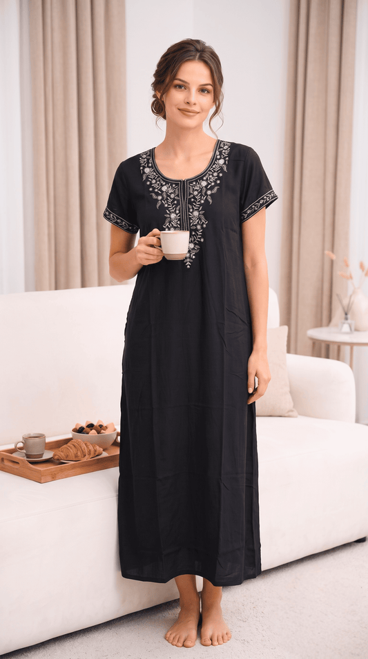 Aura Black Bloom Embroidered Nightgown