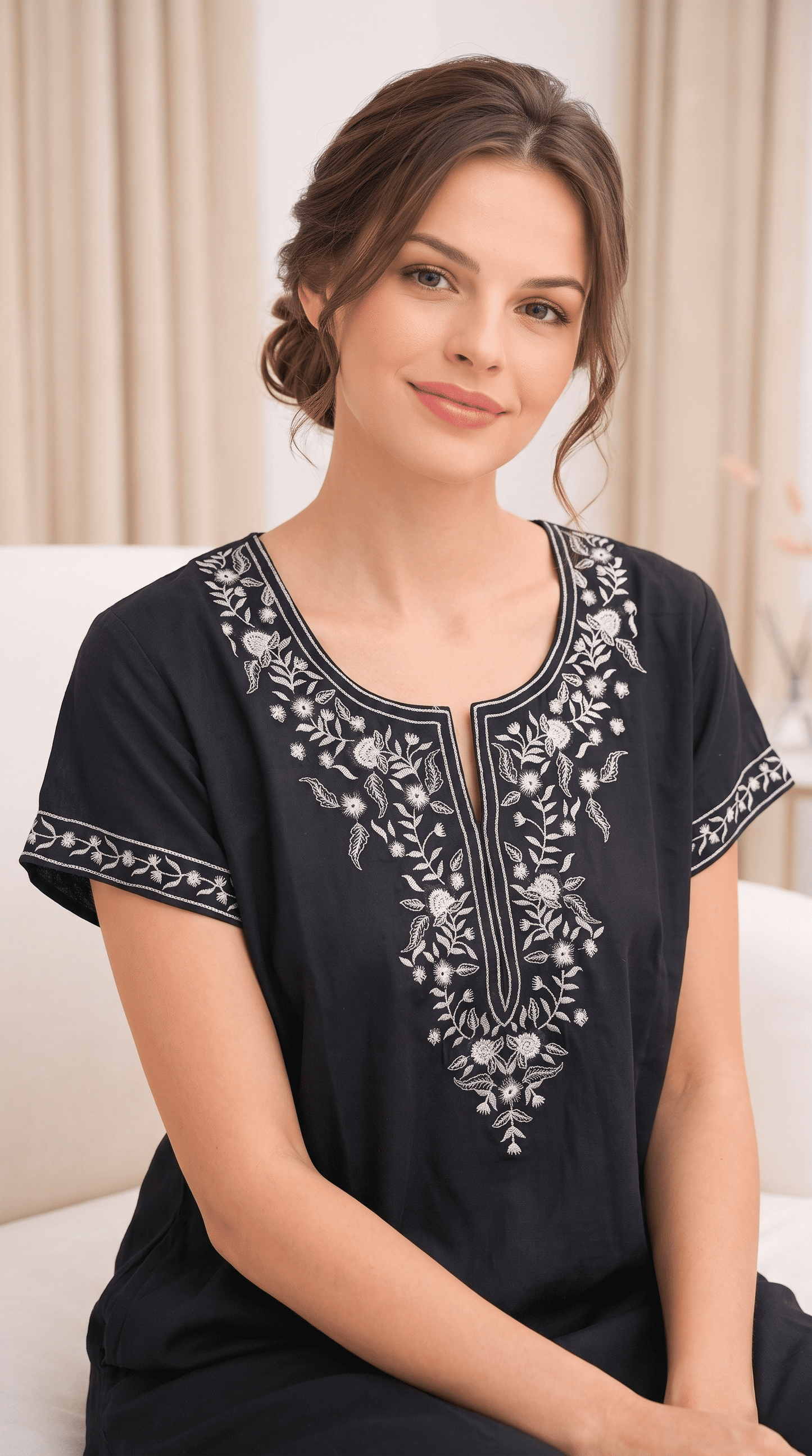 Aura Black Bloom Embroidered Nightgown