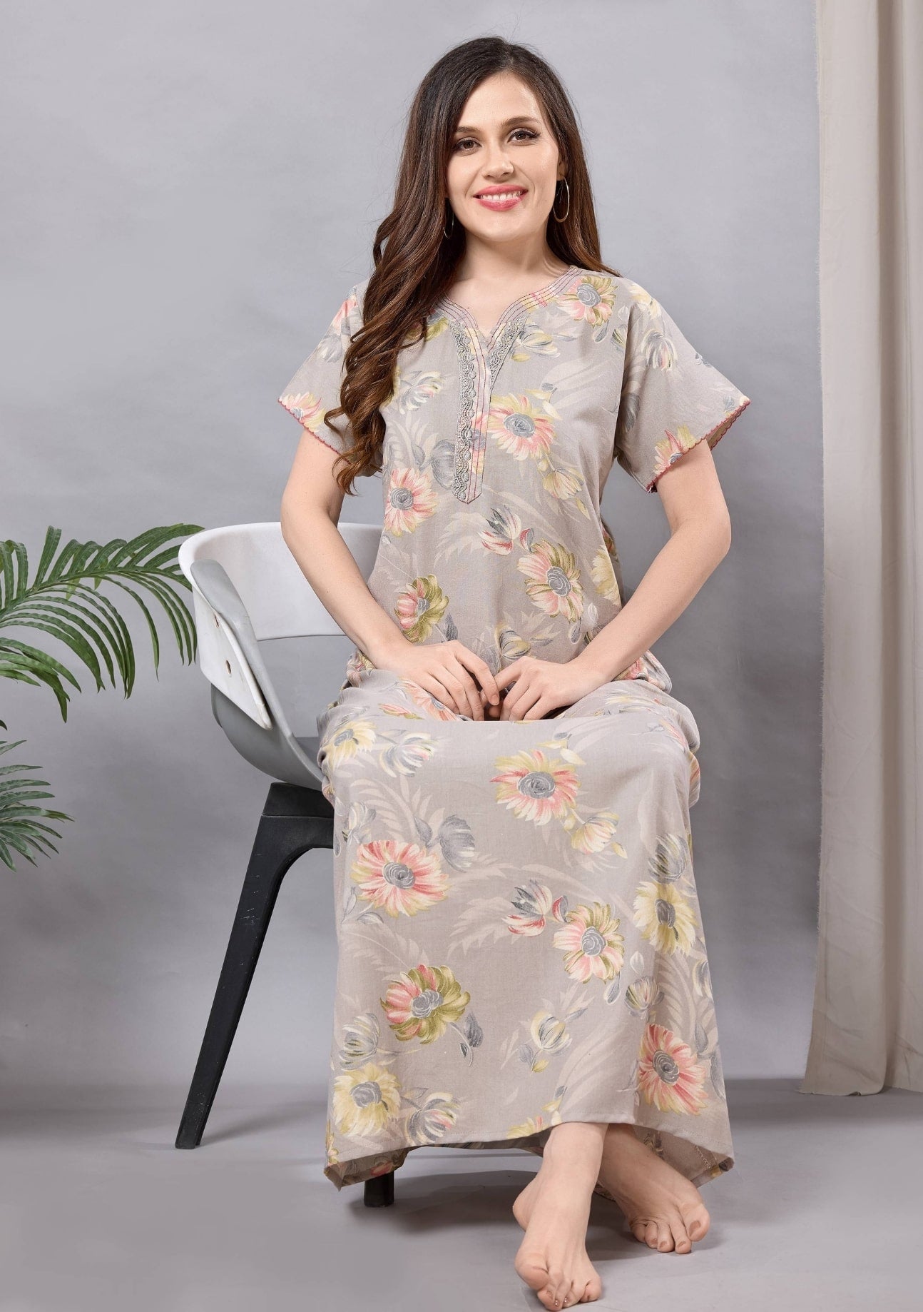 Aurora Beige-Gray Floral Lace Nightgown