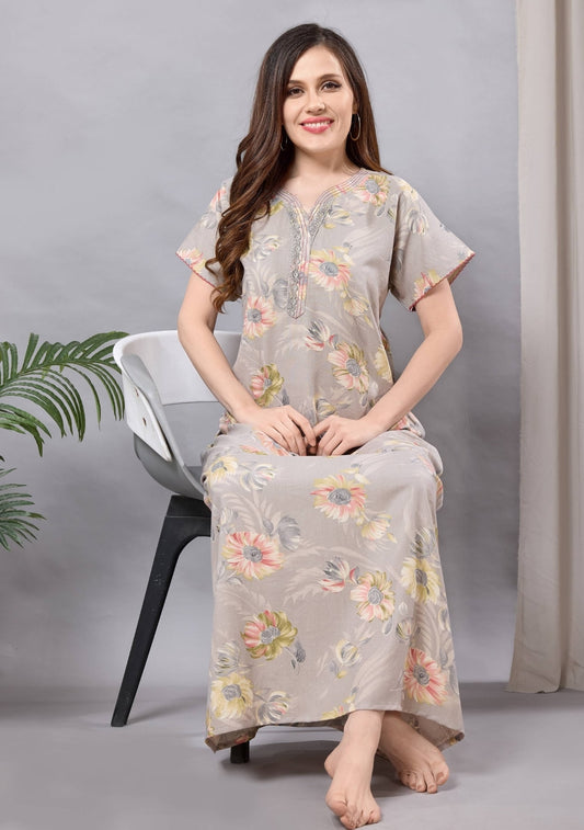 Aurora Beige-Grey Floral Lace Nightgown