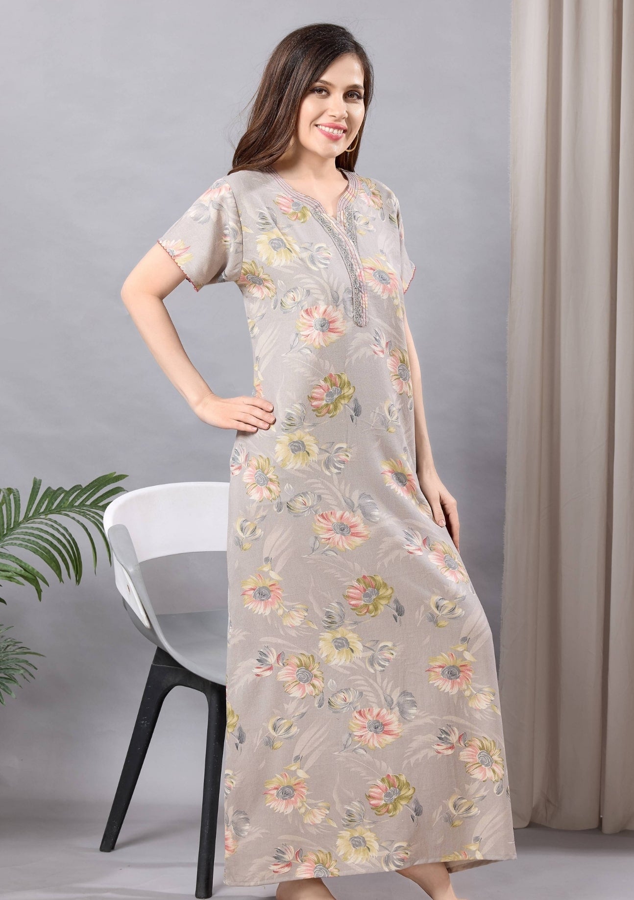 Aurora Beige-Gray Floral Lace Nightgown