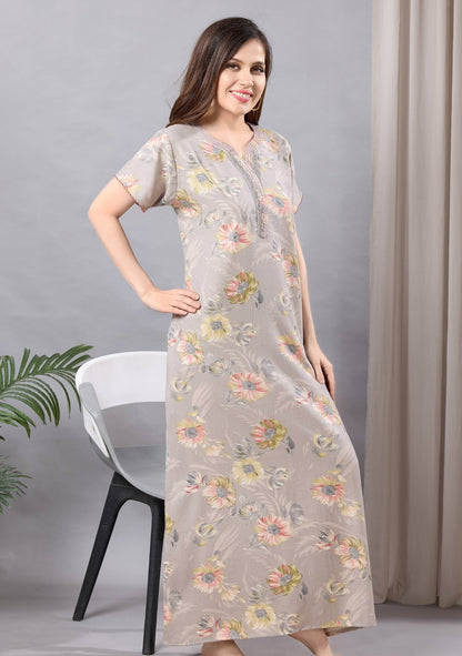 Aurora Beige-Gray Floral Lace Nightgown